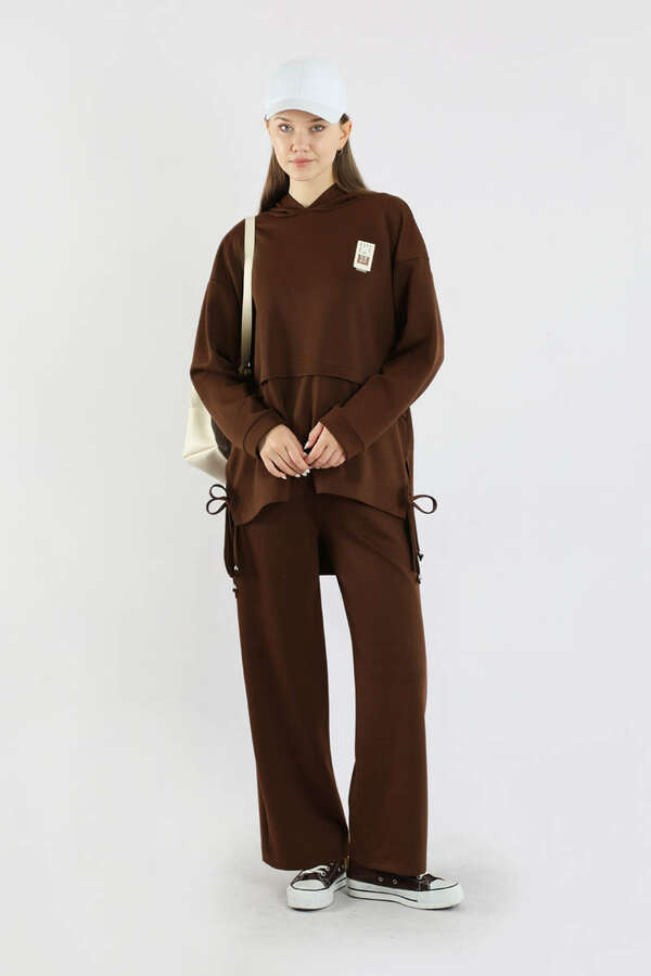 Bol Paça Kapüşonlu Sweat Takım Acı Kahve - 1