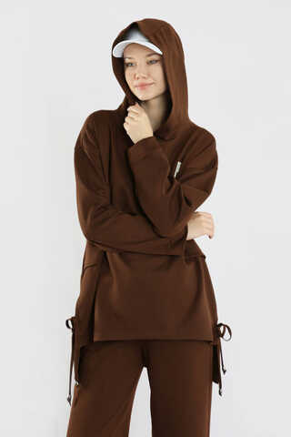 Bol Paça Kapüşonlu Sweat Takım Acı Kahve - 2
