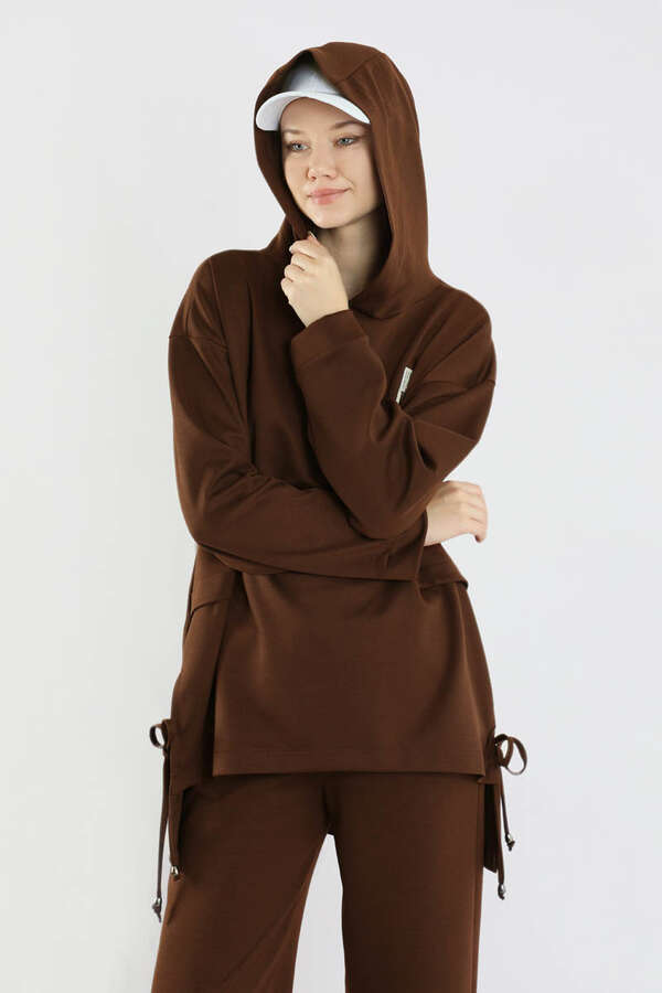 Bol Paça Kapüşonlu Sweat Takım Acı Kahve - 2