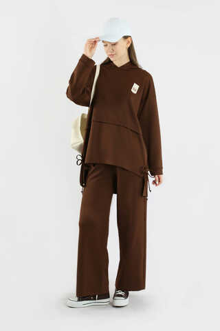 Bol Paça Kapüşonlu Sweat Takım Acı Kahve - 3