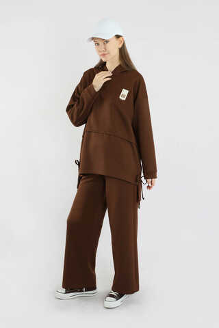 Bol Paça Kapüşonlu Sweat Takım Acı Kahve - 5