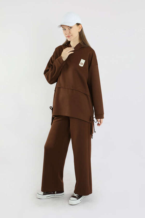 Bol Paça Kapüşonlu Sweat Takım Acı Kahve - 5