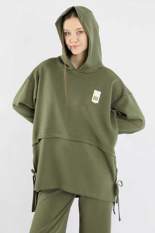 Bol Paça Kapüşonlu Sweat Takım Haki - 2