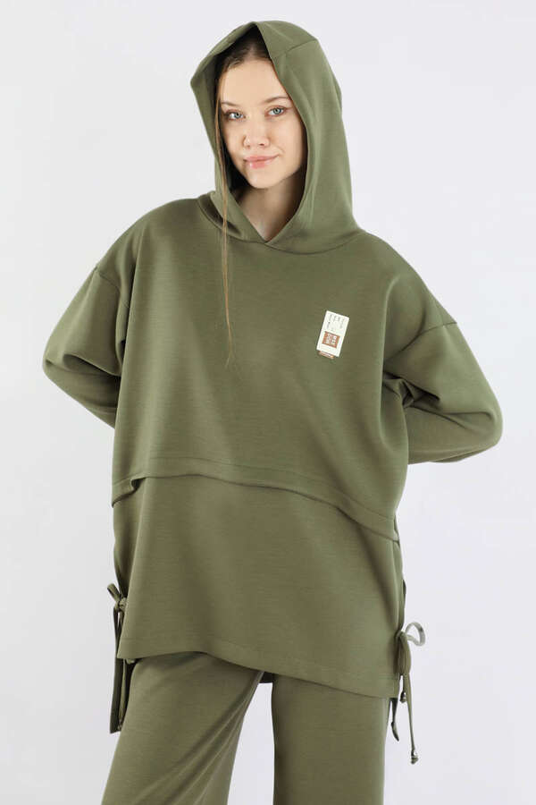 Bol Paça Kapüşonlu Sweat Takım Haki - 2