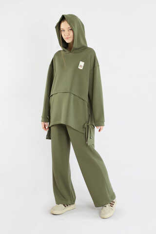 Bol Paça Kapüşonlu Sweat Takım Haki - 3