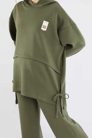 Bol Paça Kapüşonlu Sweat Takım Haki - 4