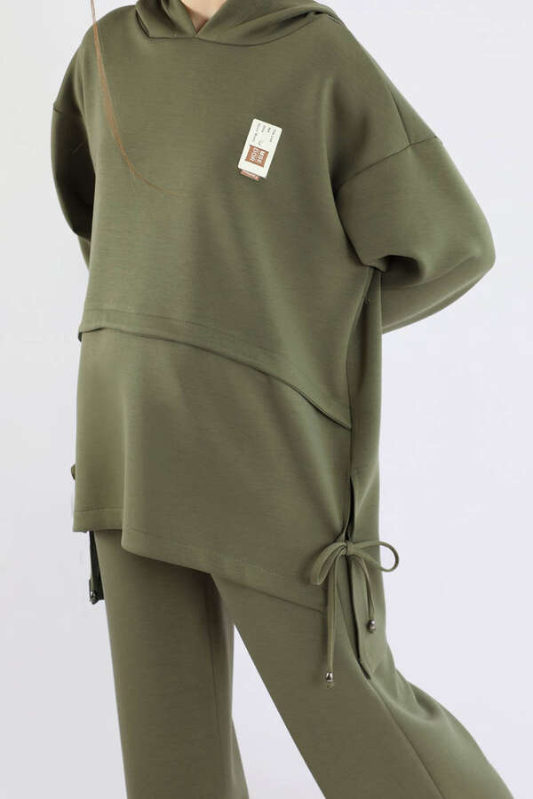 Bol Paça Kapüşonlu Sweat Takım Haki - 4