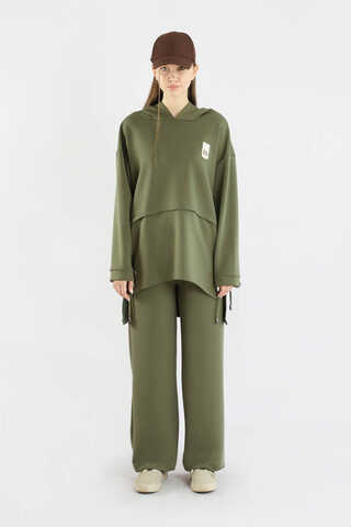 Bol Paça Kapüşonlu Sweat Takım Haki - 5