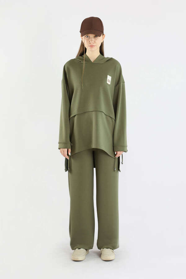 Bol Paça Kapüşonlu Sweat Takım Haki - 5