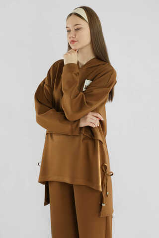 Bol Paça Kapüşonlu Sweat Takım Kahve - 2