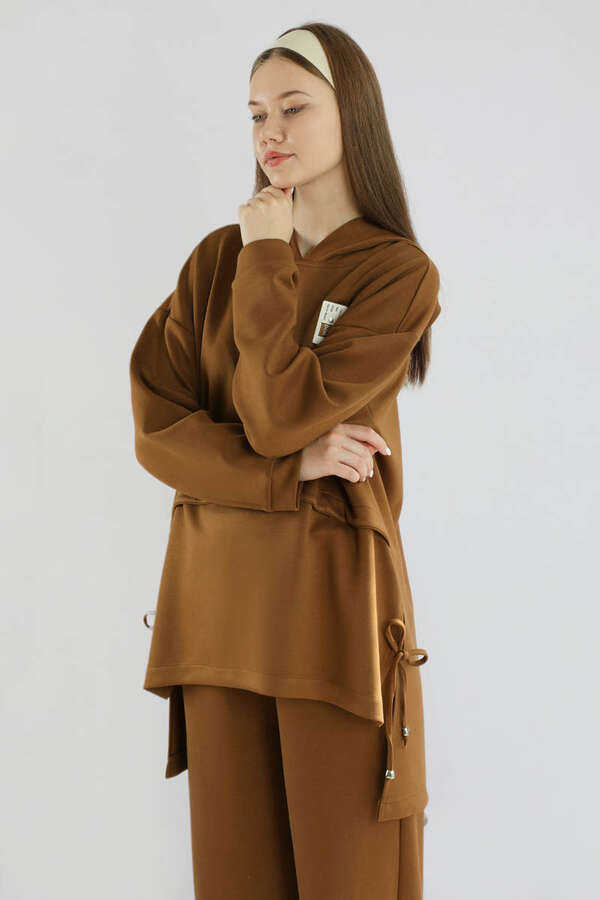 Bol Paça Kapüşonlu Sweat Takım Kahve - 2