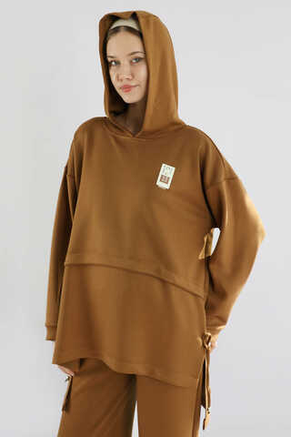 Bol Paça Kapüşonlu Sweat Takım Kahve - 4