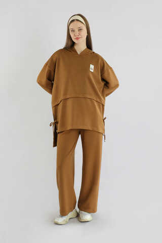 Bol Paça Kapüşonlu Sweat Takım Kahve - 5