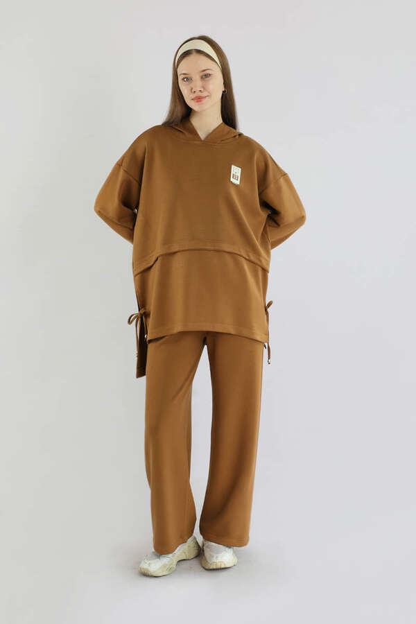 Bol Paça Kapüşonlu Sweat Takım Kahve - 5