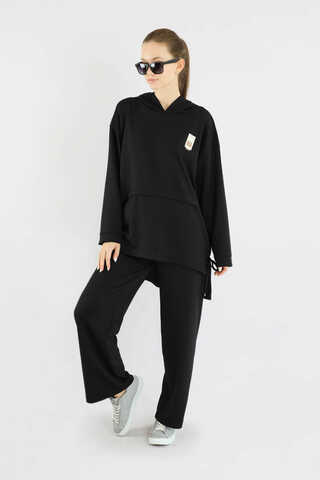 Bol Paça Kapüşonlu Sweat Takım Siyah - 1