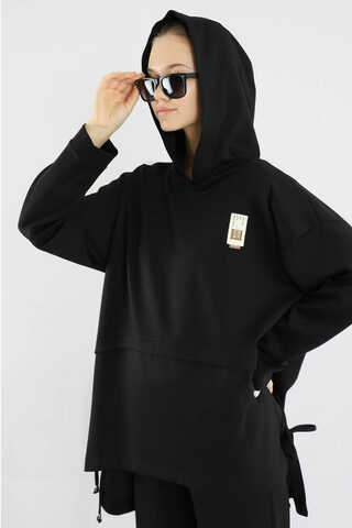 Bol Paça Kapüşonlu Sweat Takım Siyah - 2
