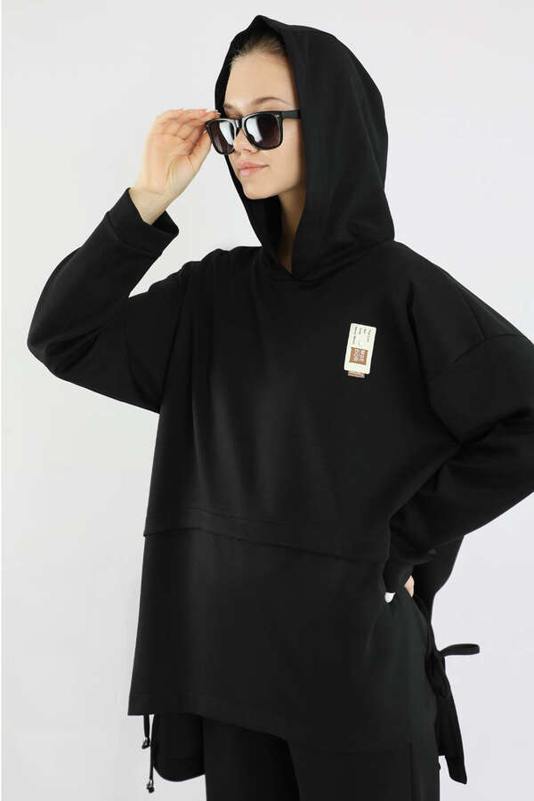 Bol Paça Kapüşonlu Sweat Takım Siyah - 2