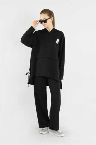 Bol Paça Kapüşonlu Sweat Takım Siyah - 3