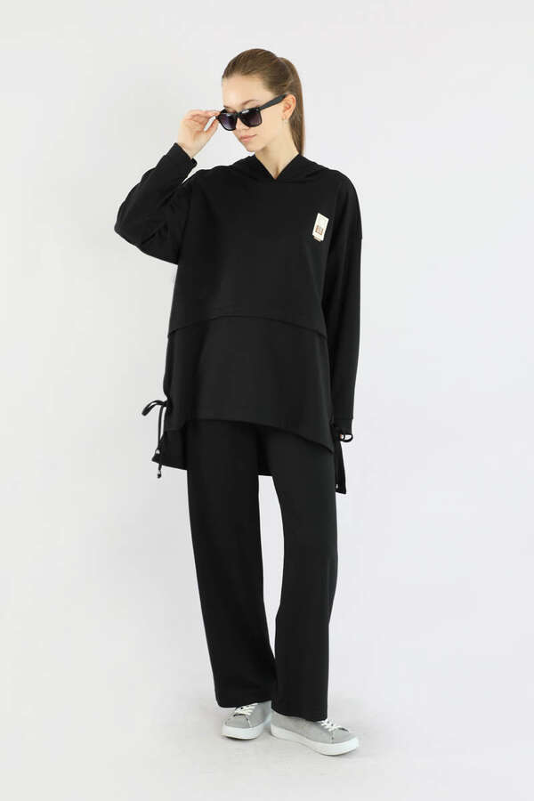 Bol Paça Kapüşonlu Sweat Takım Siyah - 3