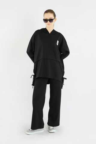 Bol Paça Kapüşonlu Sweat Takım Siyah - 5