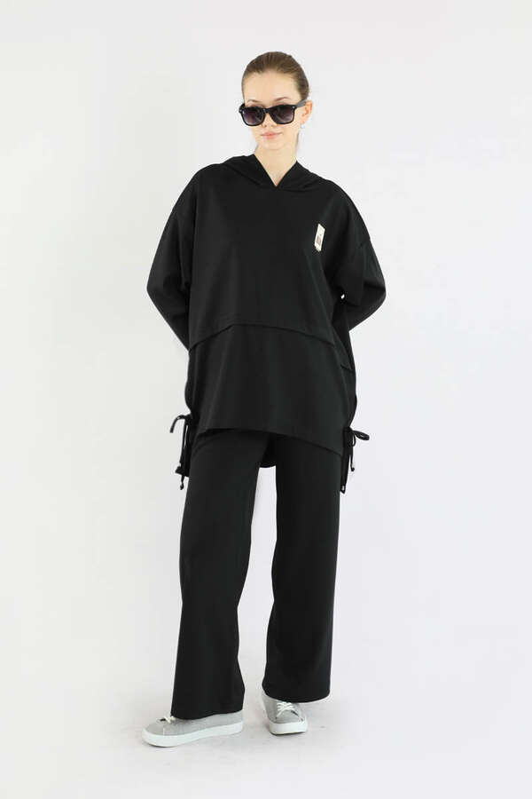 Bol Paça Kapüşonlu Sweat Takım Siyah - 5