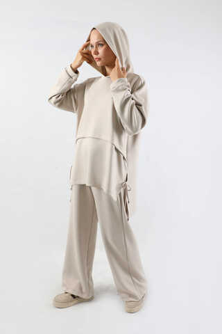Bol Paça Kapüşonlu Sweat Takım Taş - 1