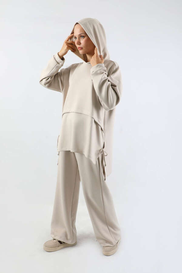 Bol Paça Kapüşonlu Sweat Takım Taş - 1