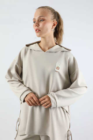 Bol Paça Kapüşonlu Sweat Takım Taş - 4