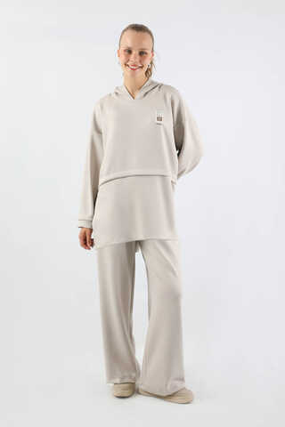 Bol Paça Kapüşonlu Sweat Takım Taş - 3