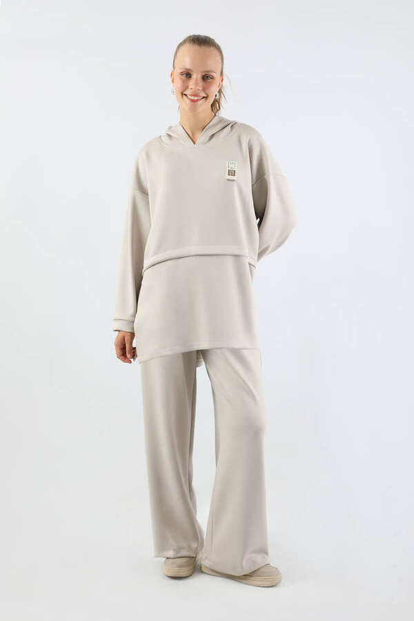 Bol Paça Kapüşonlu Sweat Takım Taş - 3