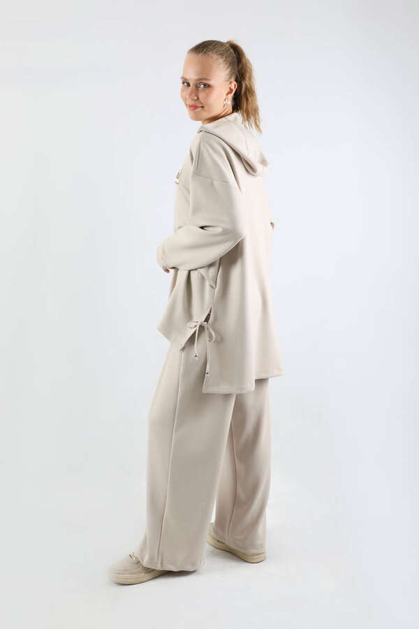 Bol Paça Kapüşonlu Sweat Takım Taş - 5