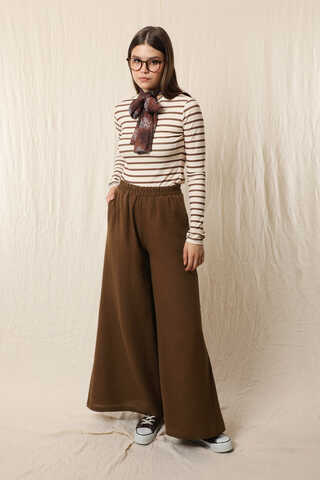 Bol Paça Müslin Pantolon Kahverengi - 1