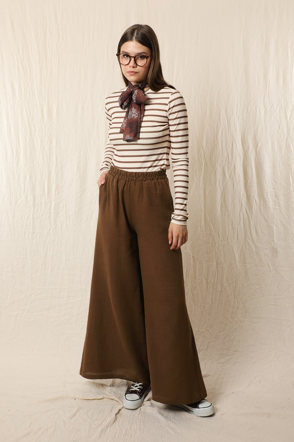 Bol Paça Müslin Pantolon Kahverengi - 1