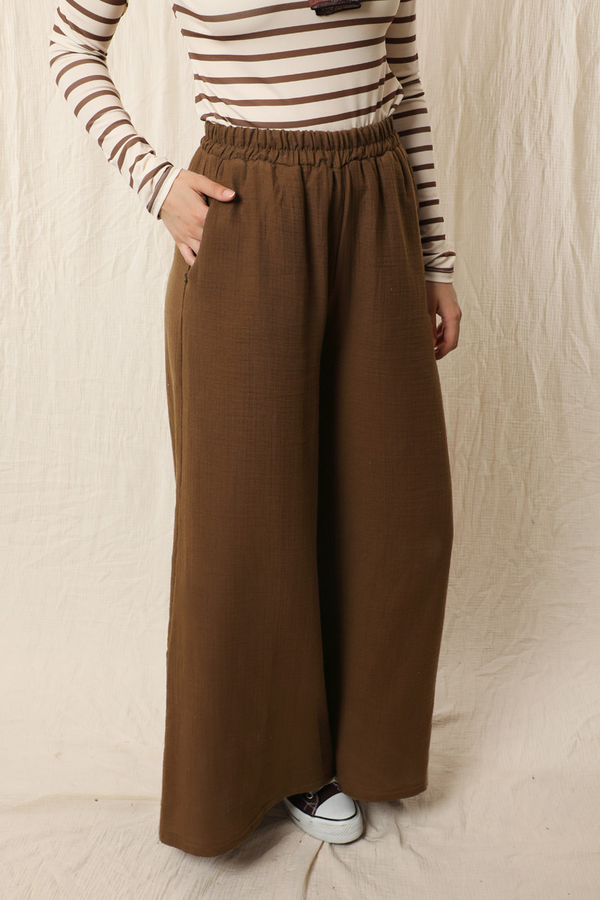 Bol Paça Müslin Pantolon Kahverengi - 4