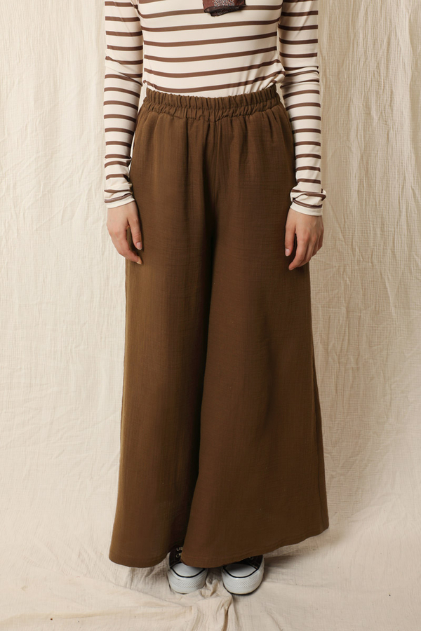 Bol Paça Müslin Pantolon Kahverengi - 2