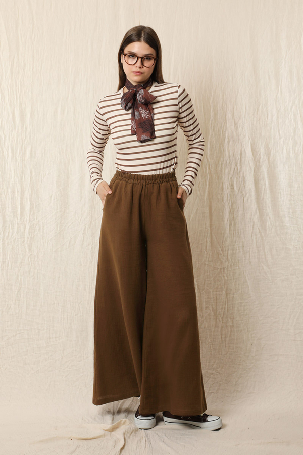 Bol Paça Müslin Pantolon Kahverengi - 3