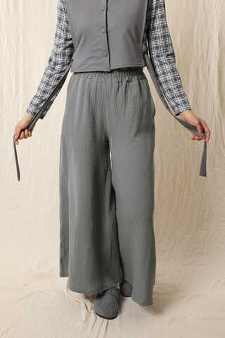 Bol Paça Müslin Pantolon Koyu Gri - 1