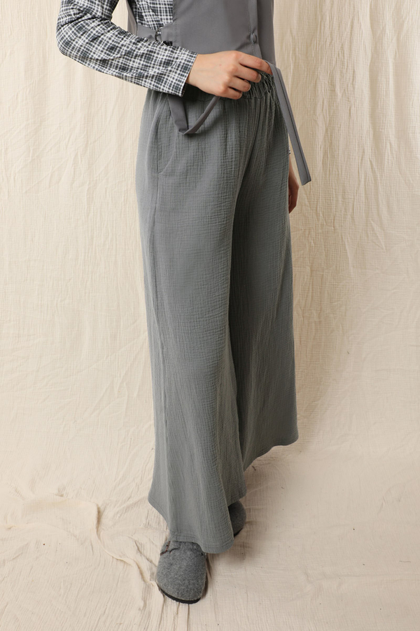 Bol Paça Müslin Pantolon Koyu Gri - 3