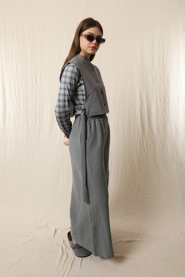 Bol Paça Müslin Pantolon Koyu Gri - 4