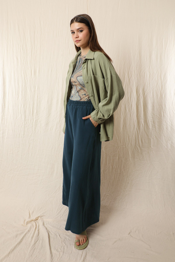 Bol Paça Müslin Pantolon Lacivert - 5