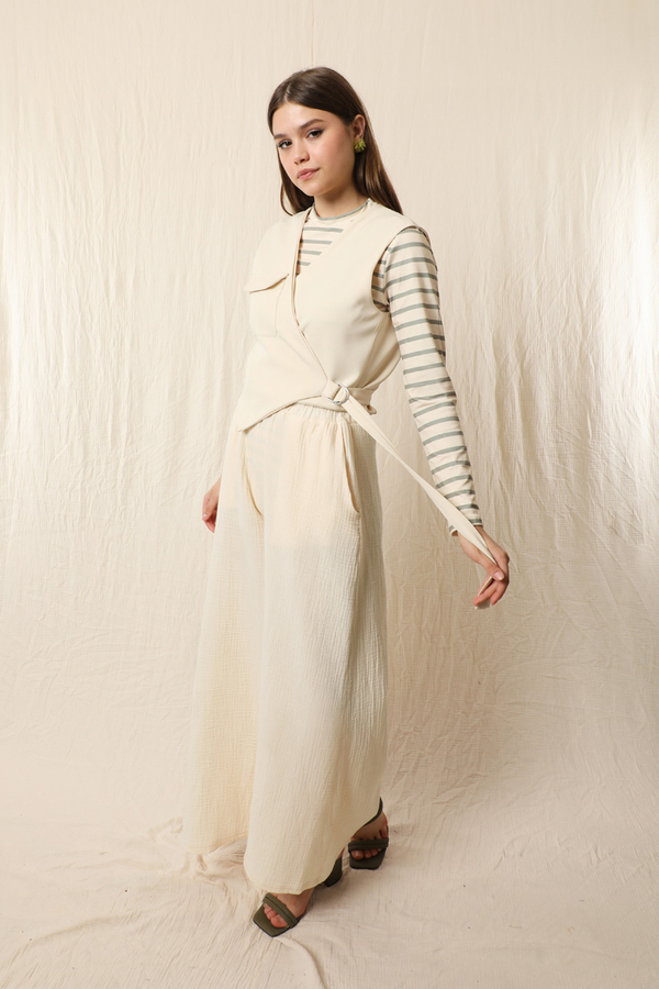 Bol Paça Müslin Pantolon Taş - 4