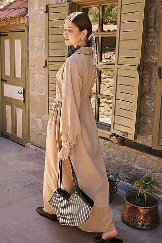 Brode Detaylı Elbise Camel - 5