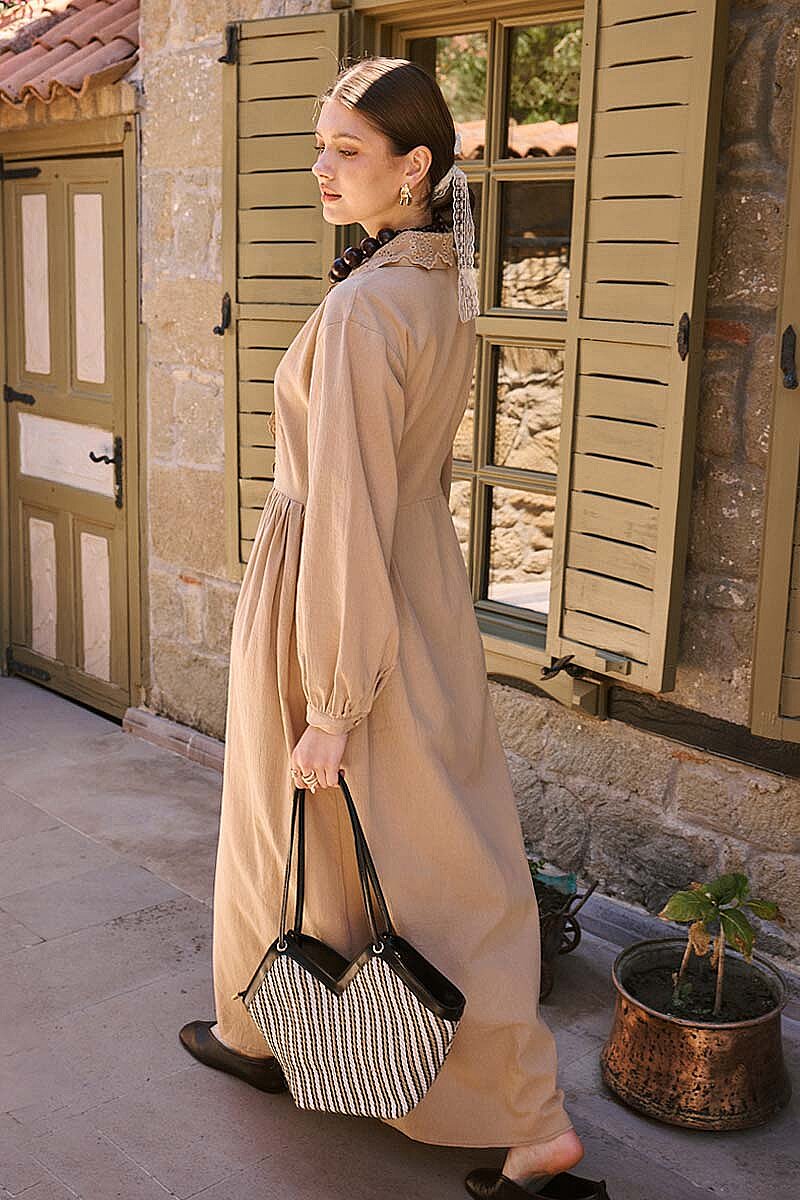 Brode Detaylı Elbise Camel - 5