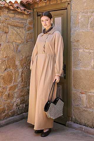 Brode Detaylı Elbise Camel - 4