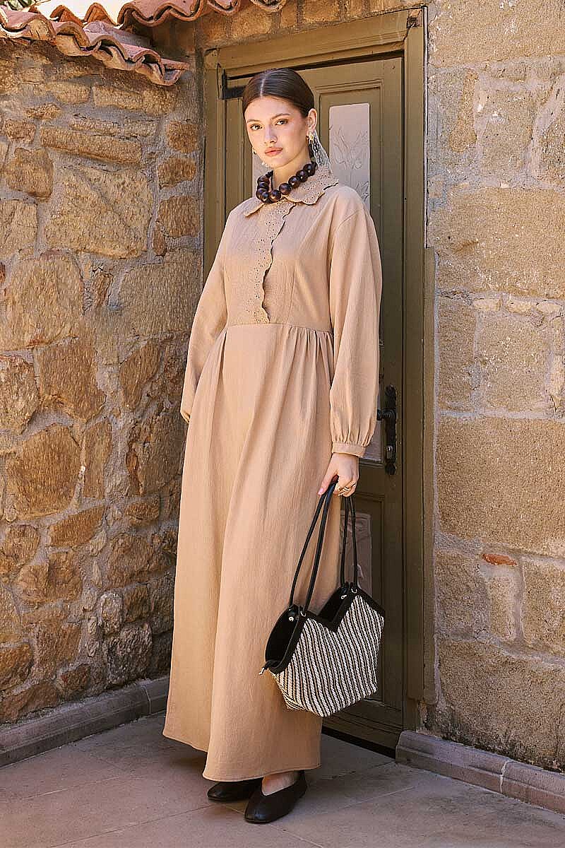 Brode Detaylı Elbise Camel - 4