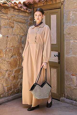 Brode Detaylı Elbise Camel - 1
