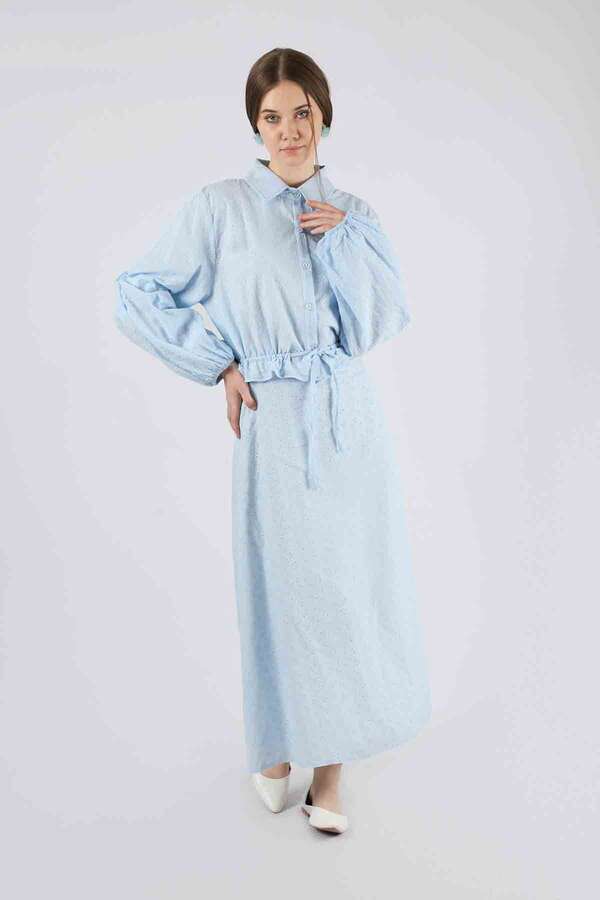 Embroidered Skirt Suit Baby Blue - 1