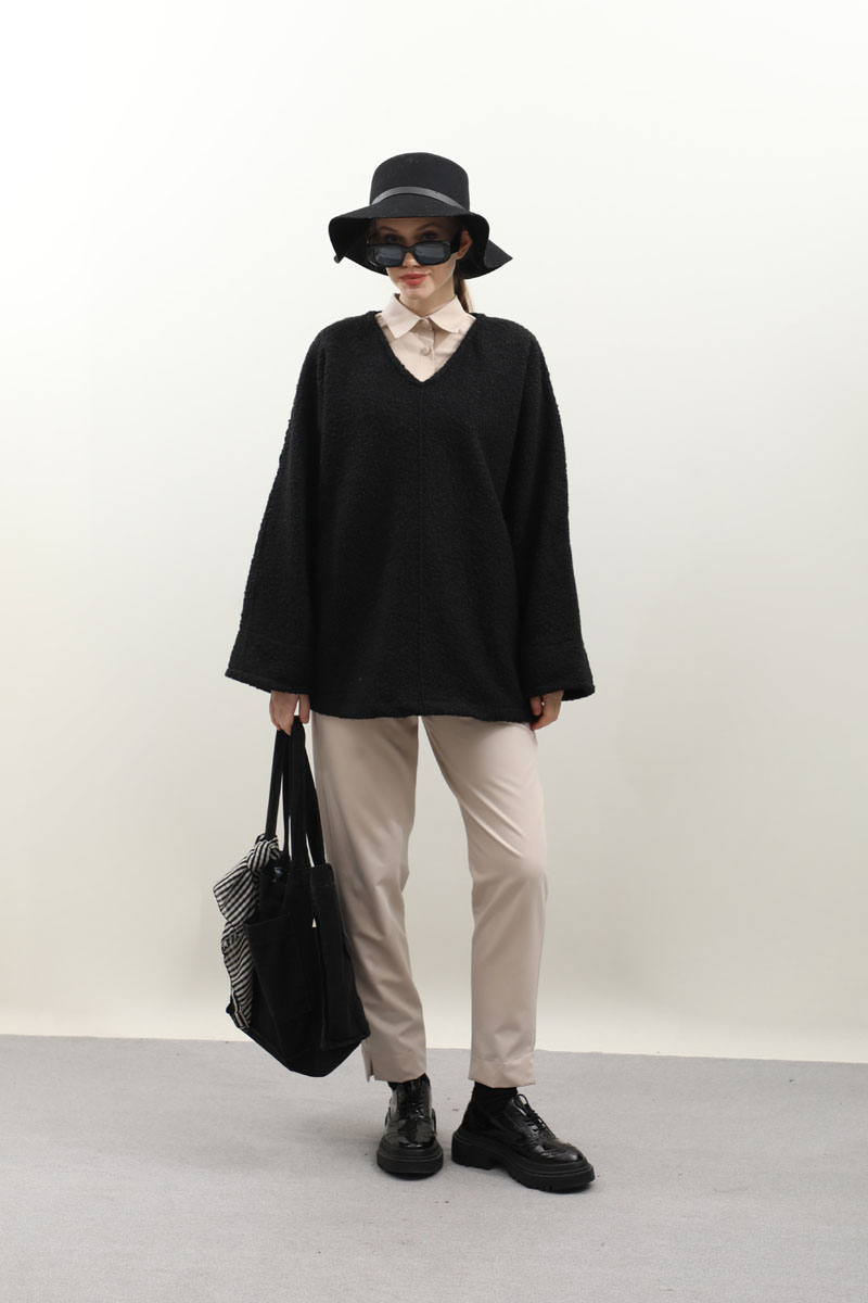 Buklet V Yaka Sweat Siyah