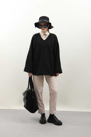 Buklet V Yaka Sweat Siyah - 1