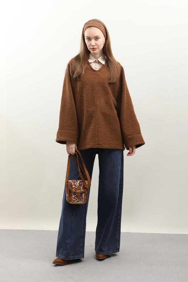 Buklet V Yaka Sweat Taba - 2